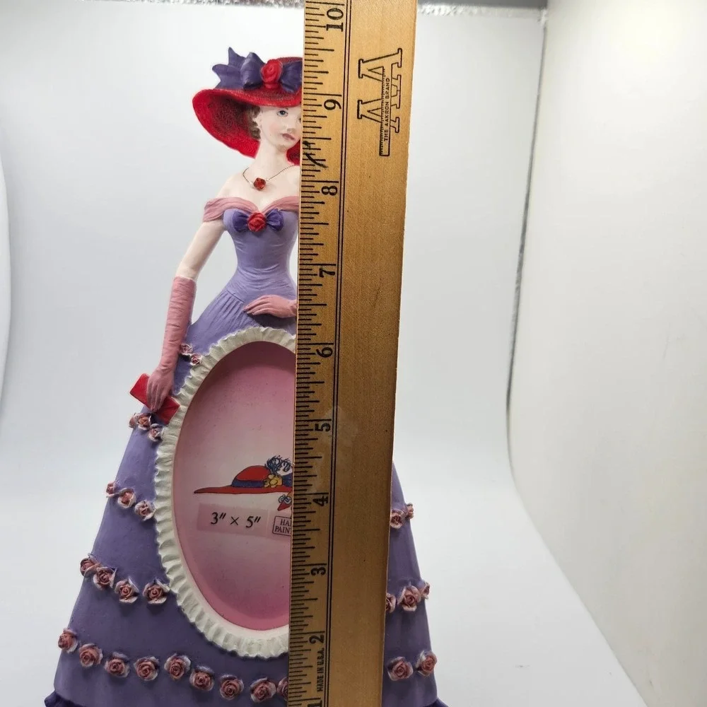 Vintage Red Hat Lady Photo Frame Figurine 3x5 Hand Painted Purple Dress